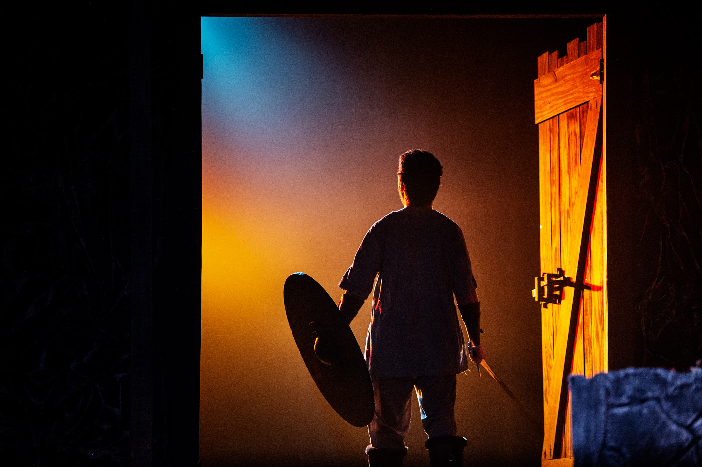 Beowulf stands framed in a doorway in silhouette, poised for battle, holding his shield and sword.