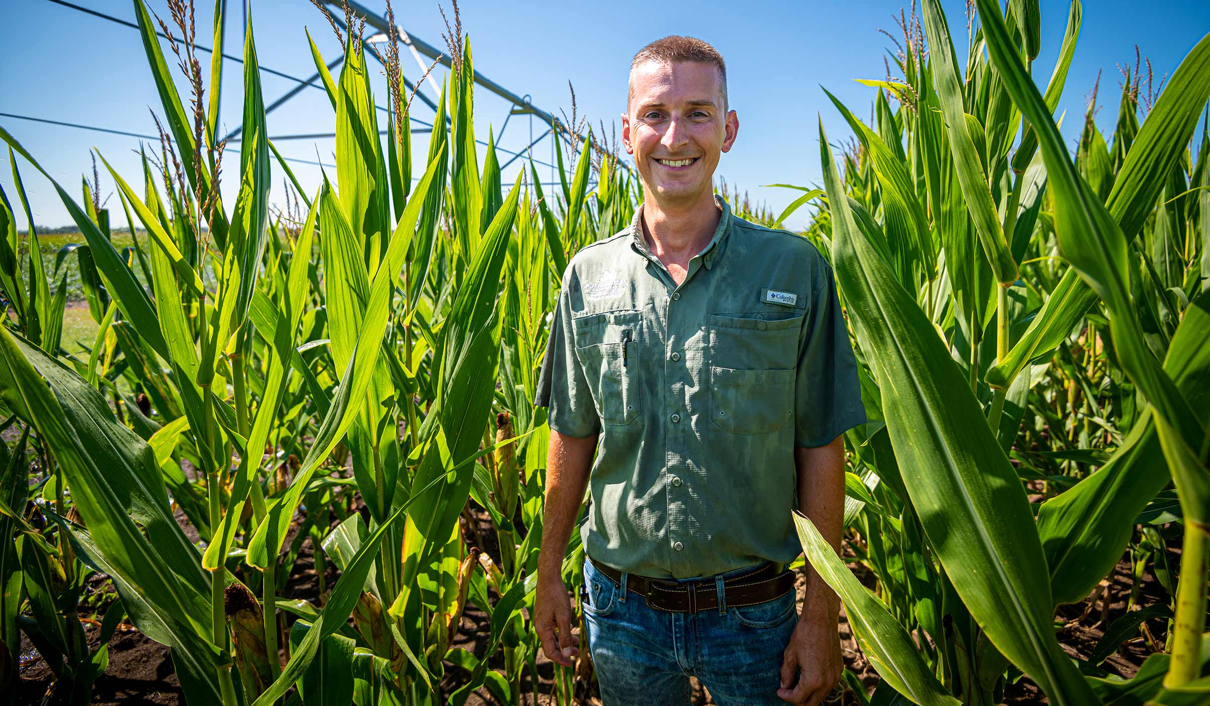 Graham Oakley, pictured among tall crops in a sunny field.