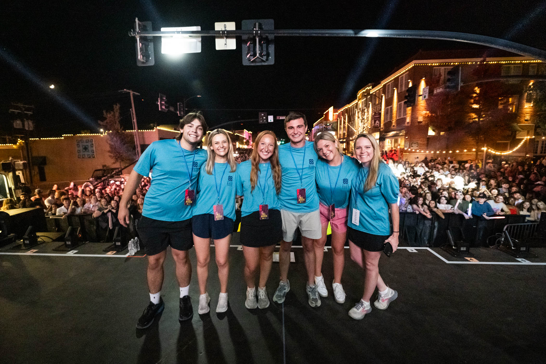 Members of Bulldog Bash&#039;s Executive Commitee (Pictured L to R: Julian Dedeaux, Laura Grace King, Brooke Thomas, Braxton Stone, Rachel Carpenter, and advisor, Kylie Forrester,) stand onstage in front of thousands of MSU students and live music lovers.