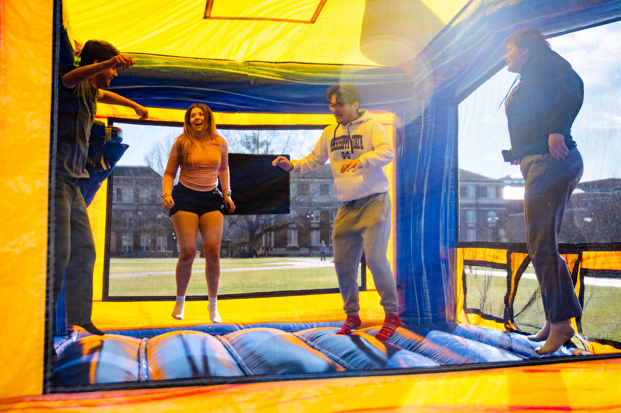 With a patch of warmer weather, students get outside [Feb. 2] and bounce around on a complimentary bounce-house provided by MSU&#039;s Student Affairs at &quot;Bounce Back to Classes.&quot; 