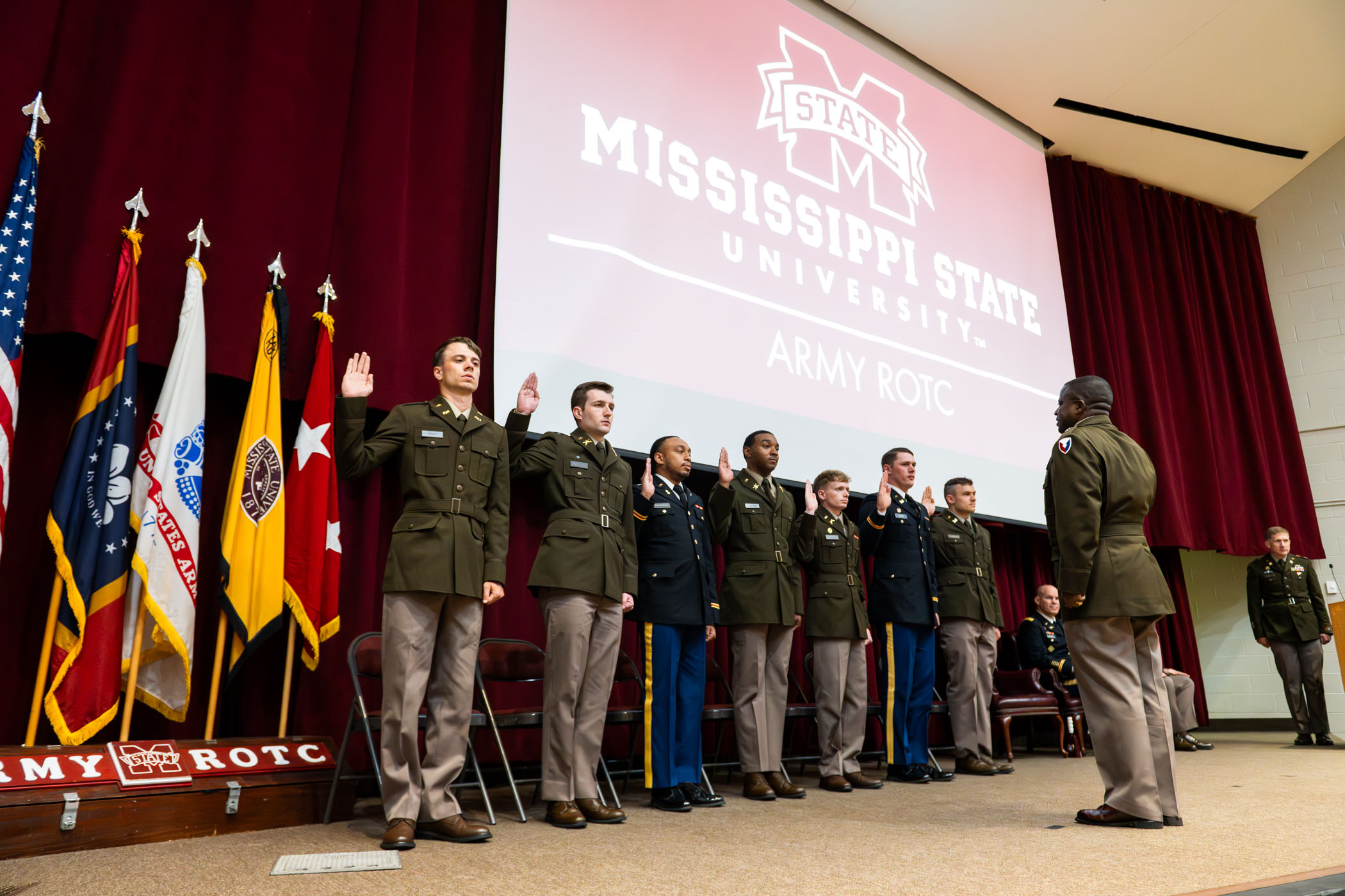 Bulldog Battalion Cadets Commissioned  Mississippi State ROTC Cadets, from left, Zachary Wright, Joshua Walton, Paul Richardson, Micah Layton, Jacob Guthrie, James Baker and Joseph Adams took the U.S. Army commission oath Friday [May 17] during a ceremony led by honorary speaker Maj. Gen. David Wilson. The cadets’ commission as part of the MSU Bulldog Battalion Cadre signifies the formal beginning of the recent graduates’ military careers.