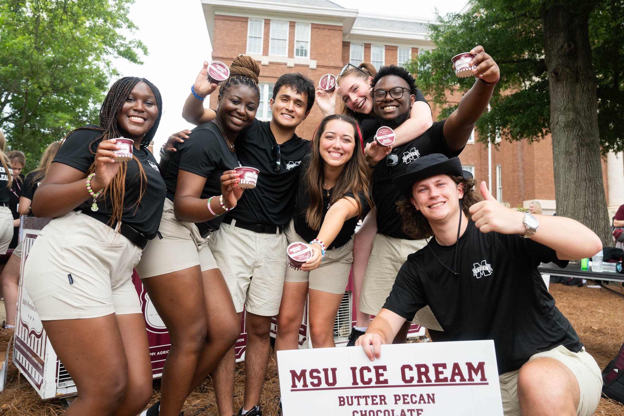 Orientation leaders hand out MSU ice cream Monday [June 3] during one of the many Orientation sessions offered during the summer for incoming, new students. While the university is renowned for its Edam cheese, the many flavors of MSU ice cream give students who’ve been accepted to MSU a “taste” of what it’s like to become a member of the Bulldog family. The flavorful treat is produced on campus at the Mississippi Agricultural and Forestry Experiment Station’s Custer Dairy Processing Plant.