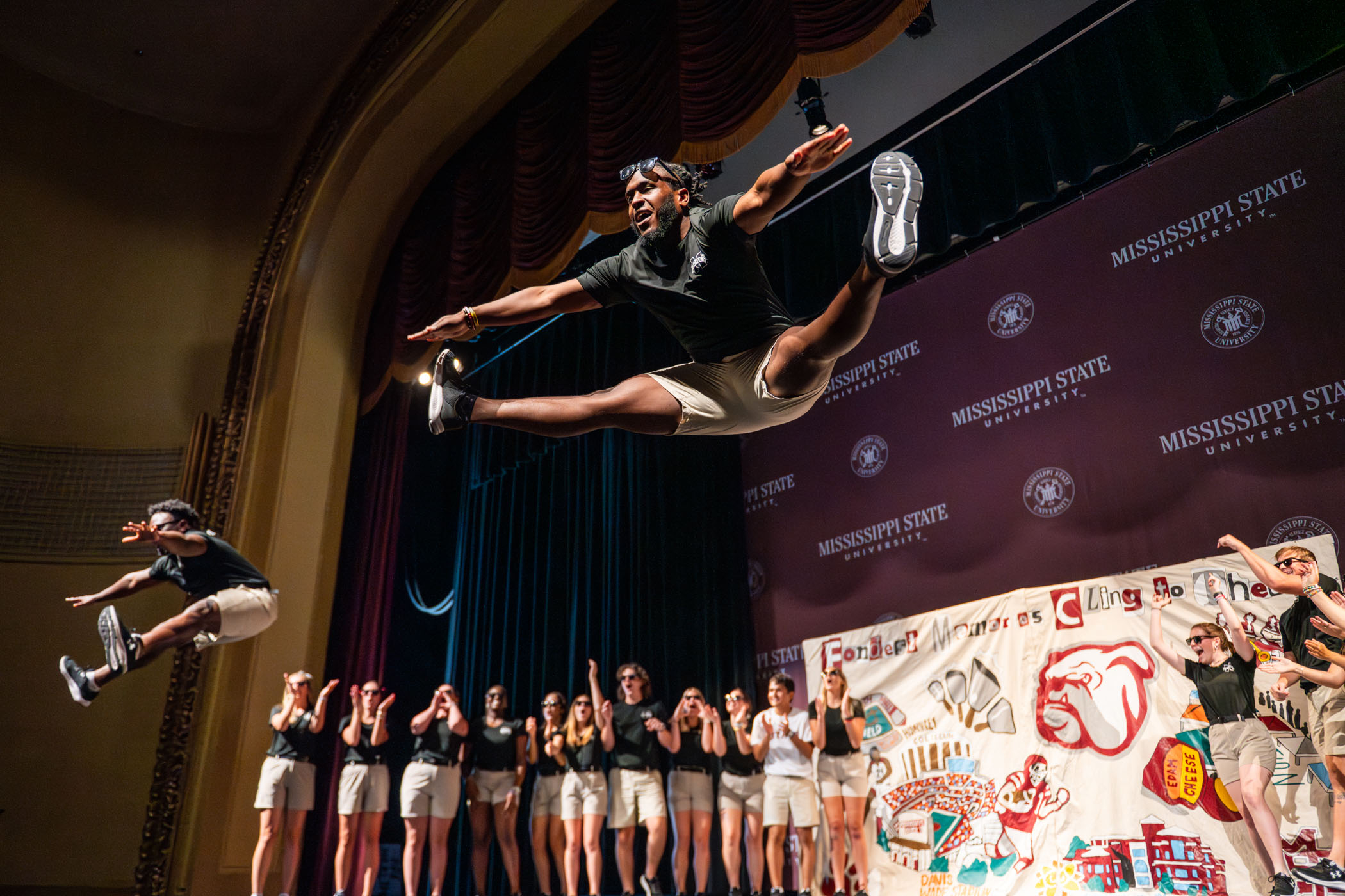 Mississippi State&#039;s Orientation student leaders perform a skit for incoming freshmen and their parents in Lee Hall&#039;s Bettersworth Auditorium.