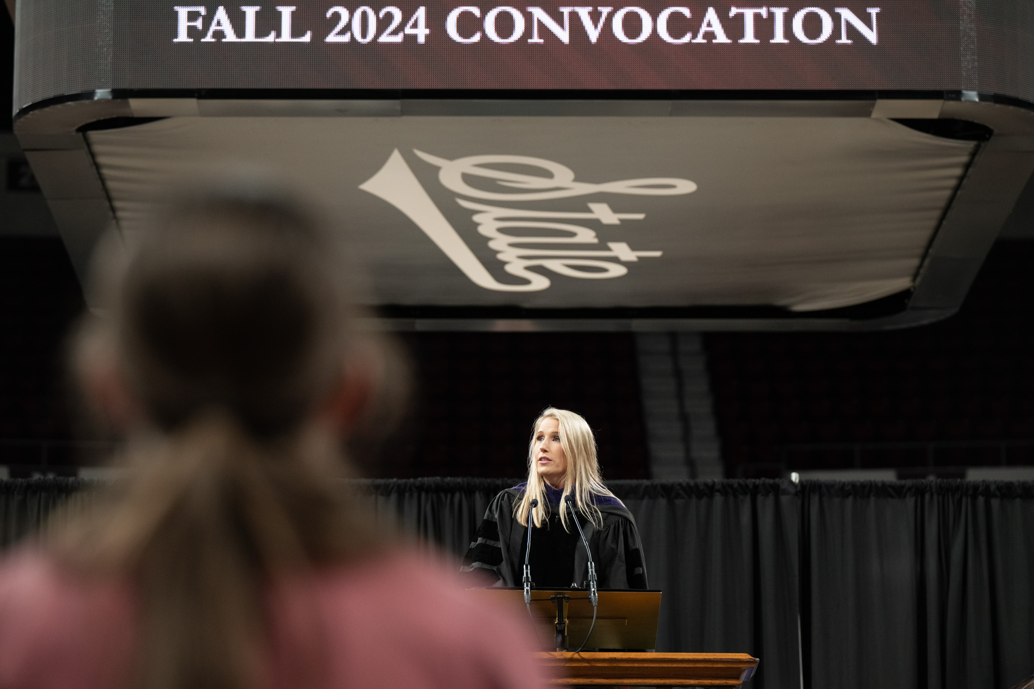 Mississippi State alumnus and Mississippi deputy attorney general, Whitney Lipscomb welcomes new MSU students at Fall Convocation [August 27].