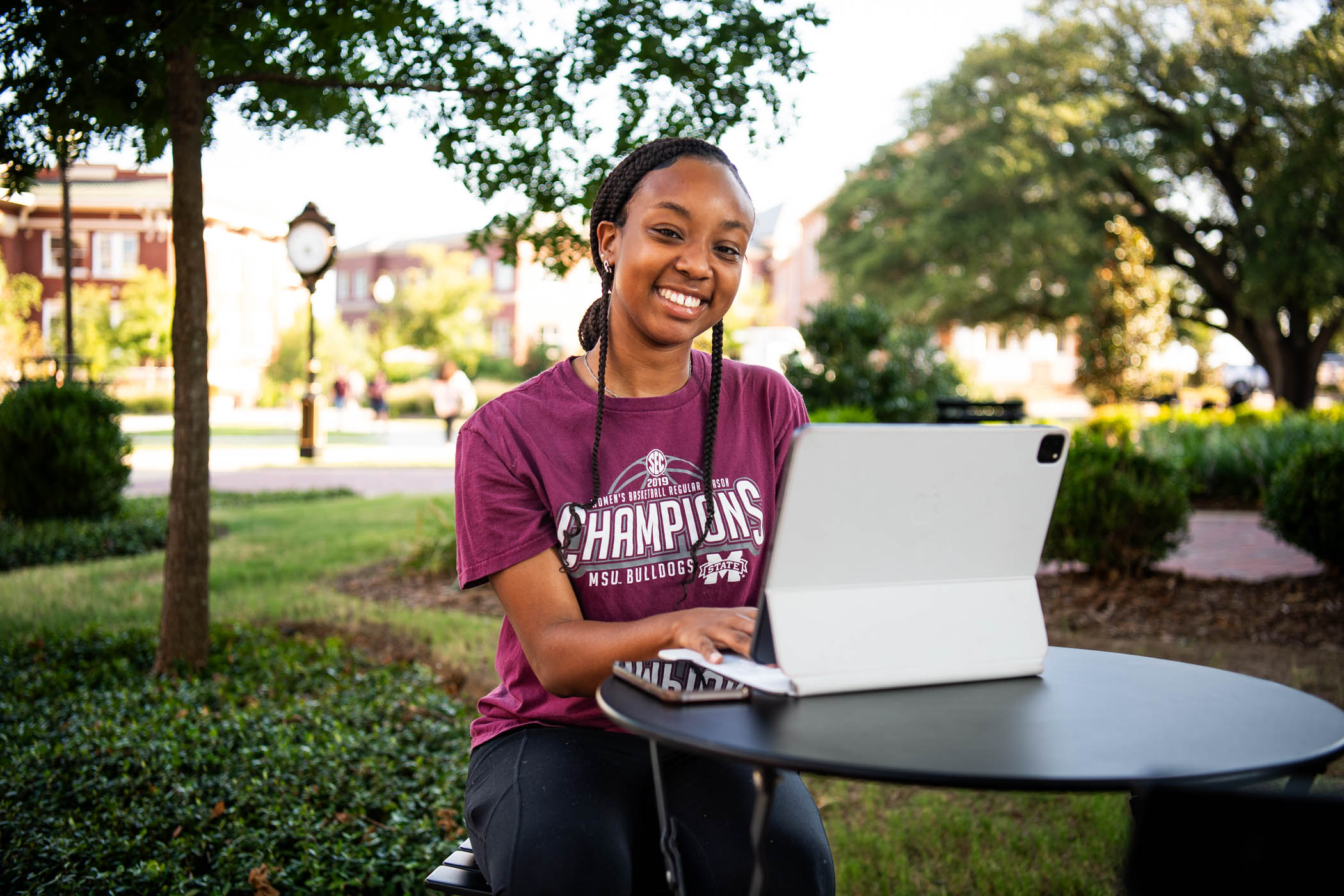 Riley Randolph, a freshman animal and dairy sciences major from McCool, studies her schedule between classes on the first day of the fall 2024 semester.