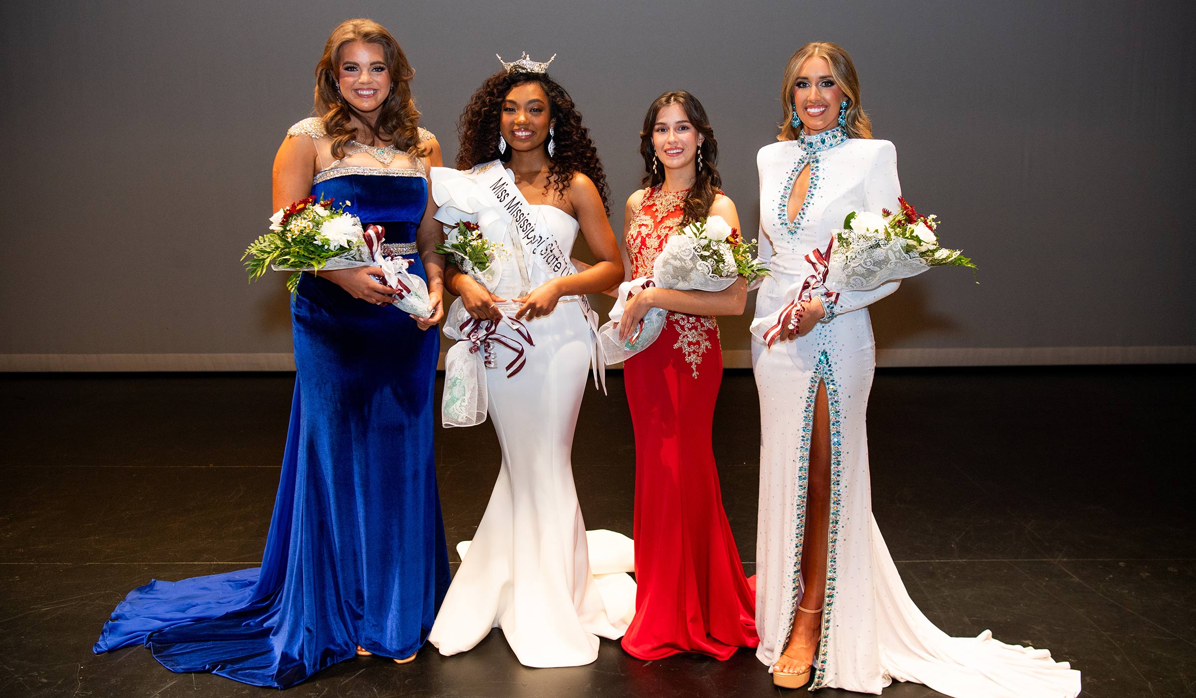 Biological sciences major Sarah Randolph crowned Miss Mississippi State University. Pictured, left, are third runner up Avery Gray, senior geosciences major, Aiken, South Carolina; Miss MSU Sarah Randolph; first alternate Karolina Heathcock, senior wildlife fisheries and aquaculture major, Waynesboro; and second runner up Jaycee Drew Janzen, senior marketing major, Booneville.