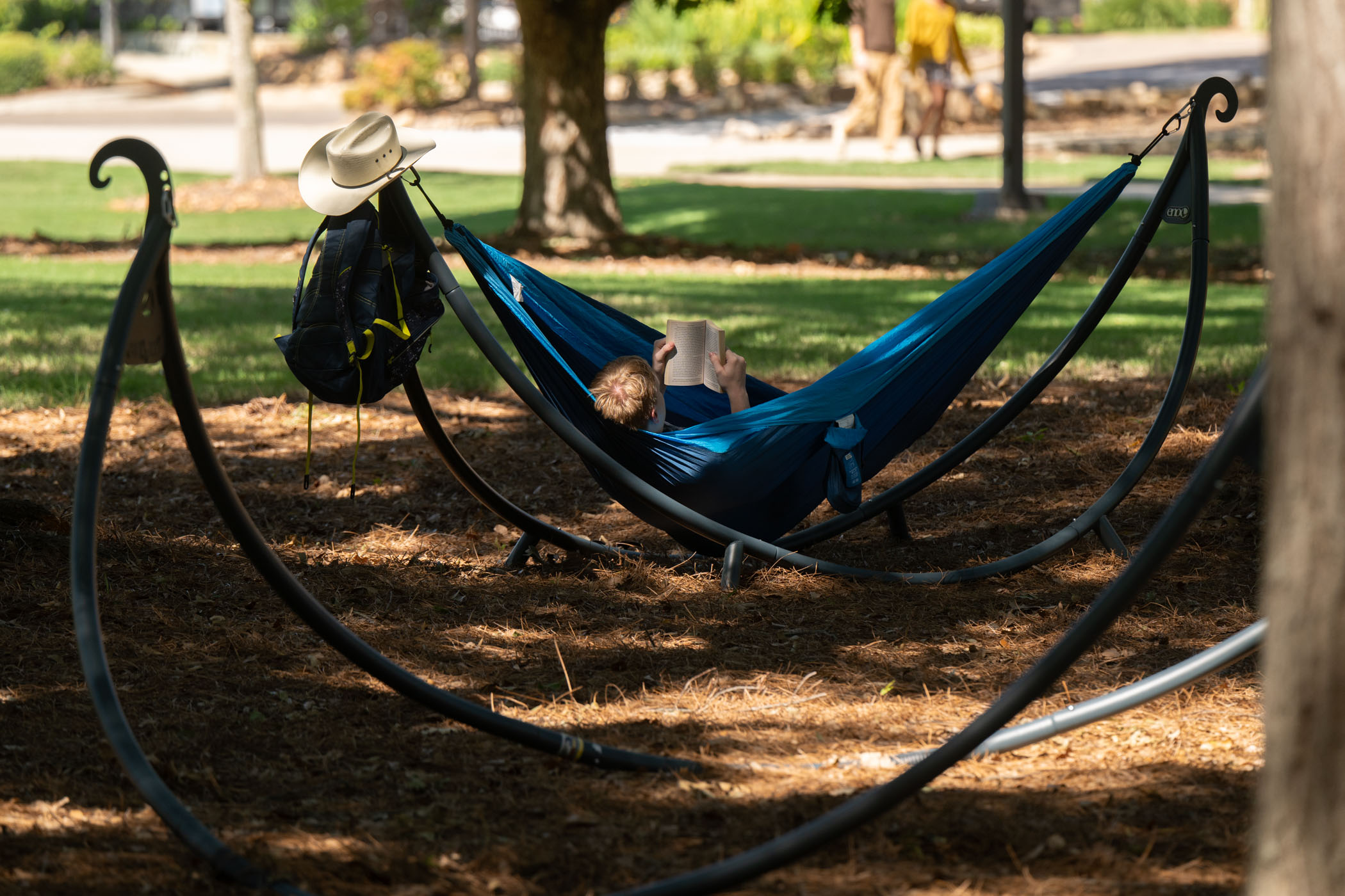 Student enjoying the weather before Fall Break while studying in a hammock [Oct. 8]. 