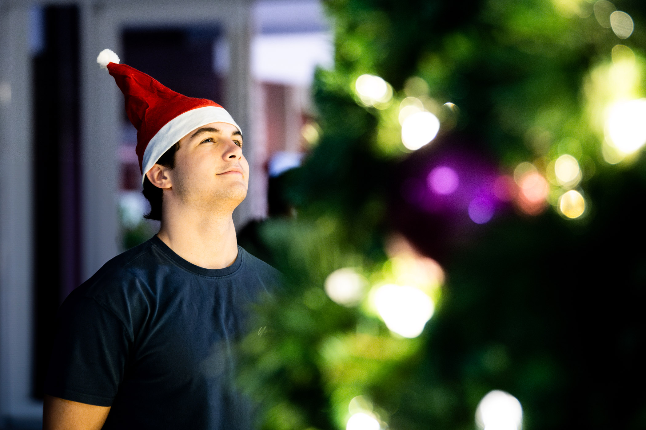 John Caleb Holbrook, a sophomore finance major from Marietta, Georgia, admires the twinkling lights of the season&#039;s beautifully lit Christmas tree outside of Colvard Student Union. The holiday season has been alive on campus, with seasonal festivities and events for students to embrace a little extra cheer before celebrations of their own.