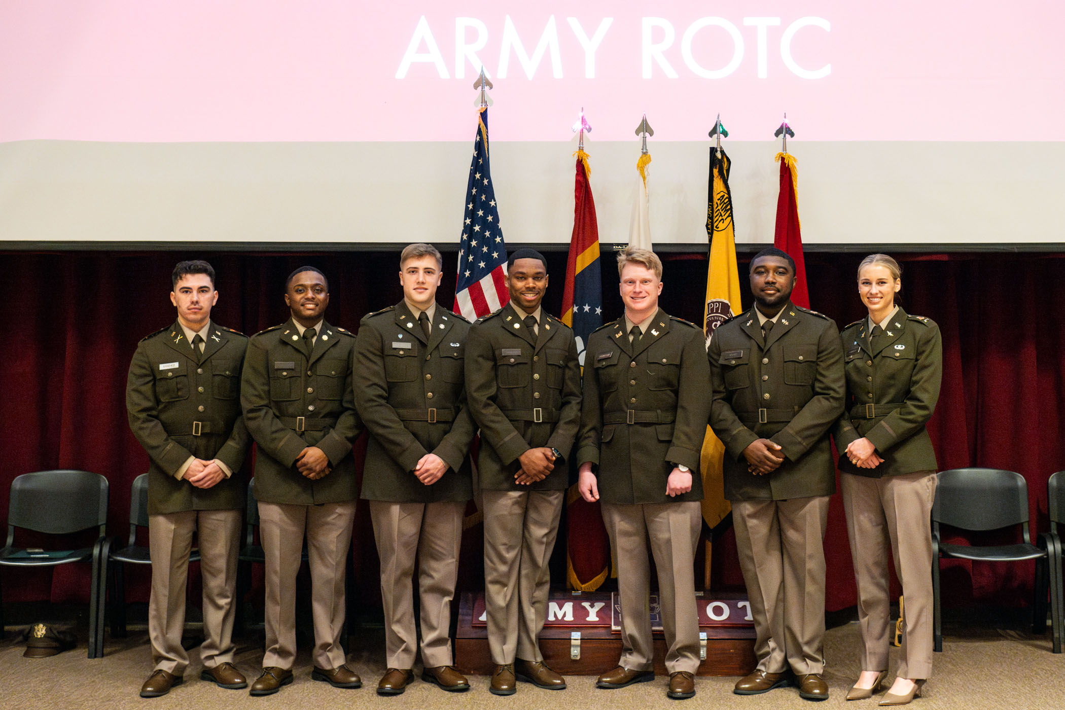 Last month, several Army ROTC cadets in the MSU Bulldog Battalion were promoted and pinned for U.S. Army active duty or Mississippi Army National Guard service. University graduates honored at the commissioning ceremony were, from left, Adryan Sanchez, psychology major, Amory; Zytavious Moss, interdisciplinary studies major, Laurel; Jackson McCarley, secondary education/accounting double major, Watkinsville, Georgia; Ahsan Johnson, business administration major, Norfolk, Virginia; Izak Hanson, animal and da