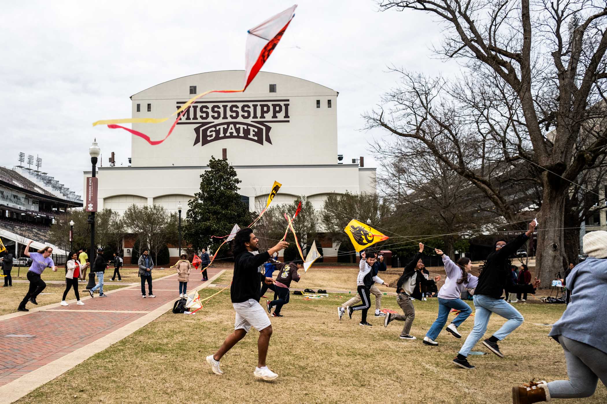 Students from MSU&#039;s Indian Student Association, Chinese Language and Culture Club, and Society of Asian Scientists and Engineers take off across the Junction in order to lift kites off the ground at a joint kite flying event on Tuesday evening [Feb 18.] The event celebrates the oncoming of Spring as done in many Asian cultures.