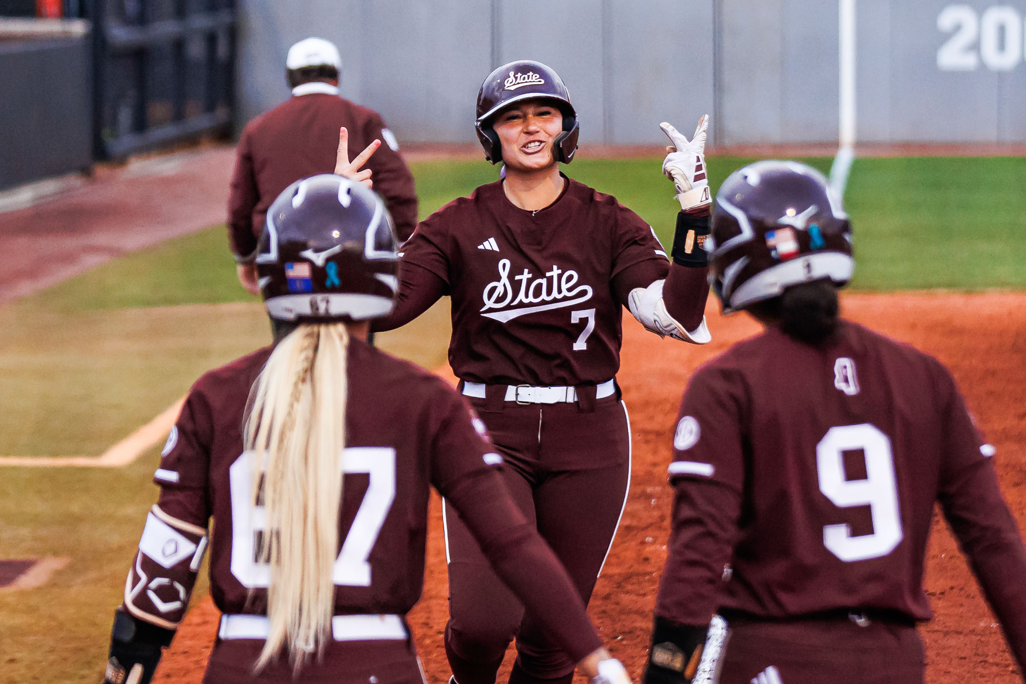 Bulldog softball pitcher Lexi Sosa of San Diego, California, celebrates her home run as she nears home plate Sunday [March 9], helping No. 24 MSU clinch the series against No. 18 Auburn. Head Coach Samantha Ricketts praised her team in describing the 9-4 win. “That&#039;s what it takes in the conference, contributions up and down the lineup…&quot; The series finale is Monday [March 10], 7 p.m., at Nusz Park, and is SEC Network&#039;s first showcase game of the season. 