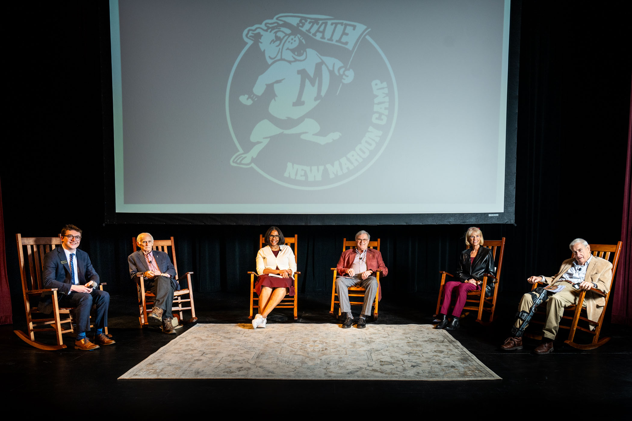 New Maroon Camp hosts an evening with MSU legends, including (L to R,) former Student Association President Travis Clark, current MSU Executive Director of Student-Athlete Development Ann Carr, retired Associate Dean of Students Eddie Keith, retired MSU Women’s Basketball Coach Sharon Fanning, and MSU Interim President and longtime Student Affairs administrator Roy Ruby, in Bettersworth Auditorium. The panel style discussion, led by NMC&#039;s outreach coordinator Jacob Linebarger, gave current students insight 