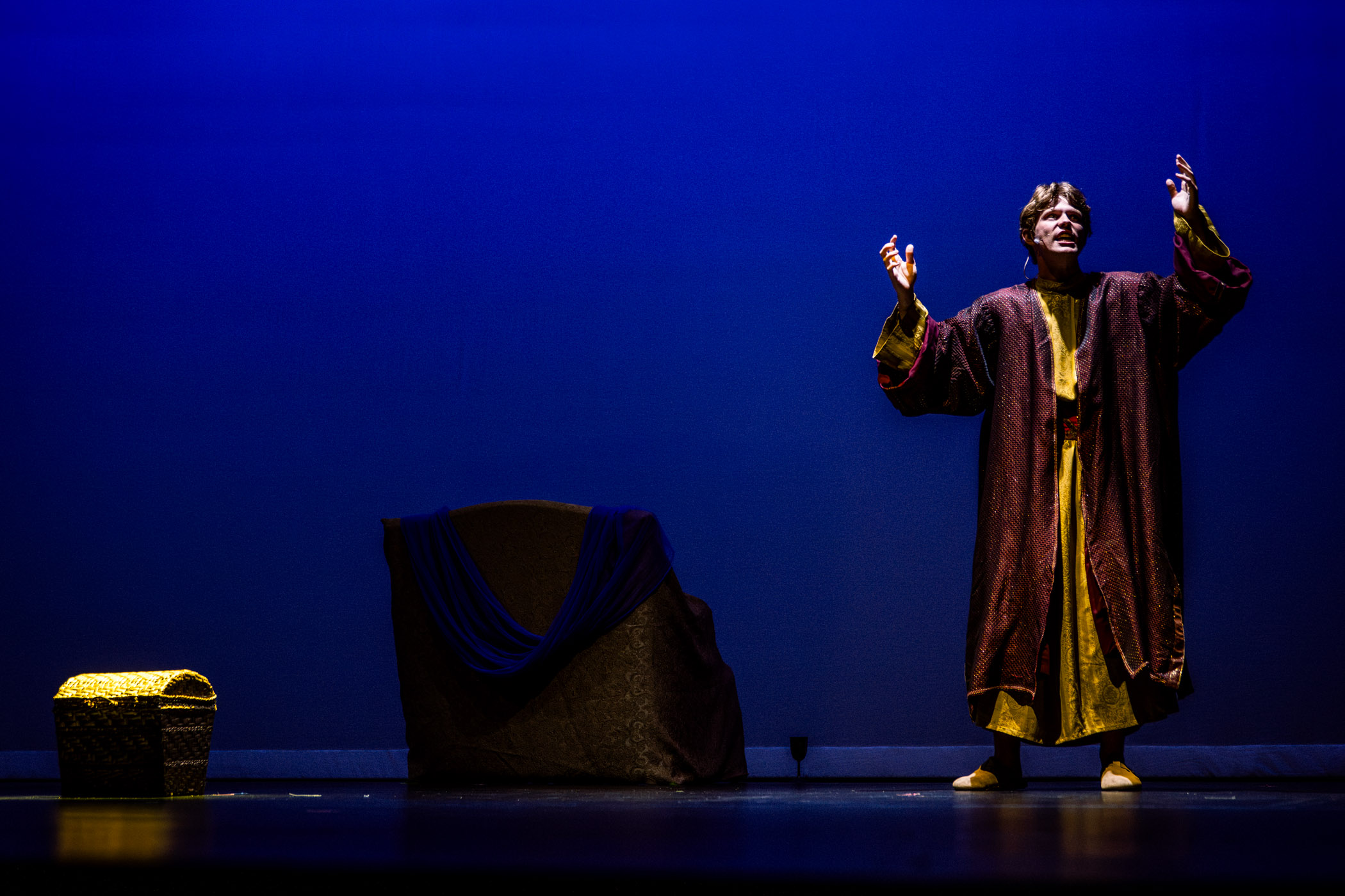 Hays Romano, a junior studying political science, pleads to the sky to change his fate in the titular role for Shackouls Honors College&#039;s production of Thyestes. The Roman tragedy by Roman playwright Seneca the Younger will run Sept. 24 and 25 as part of the university’s annual observation of Classical Week, a celebration of Greek, Roman and other cultures of the ancient world. Free and open to the public, doors open at 5:40 p.m. each night for the 6 p.m. performances at Lee Hall’s Bettersworth Auditorium.