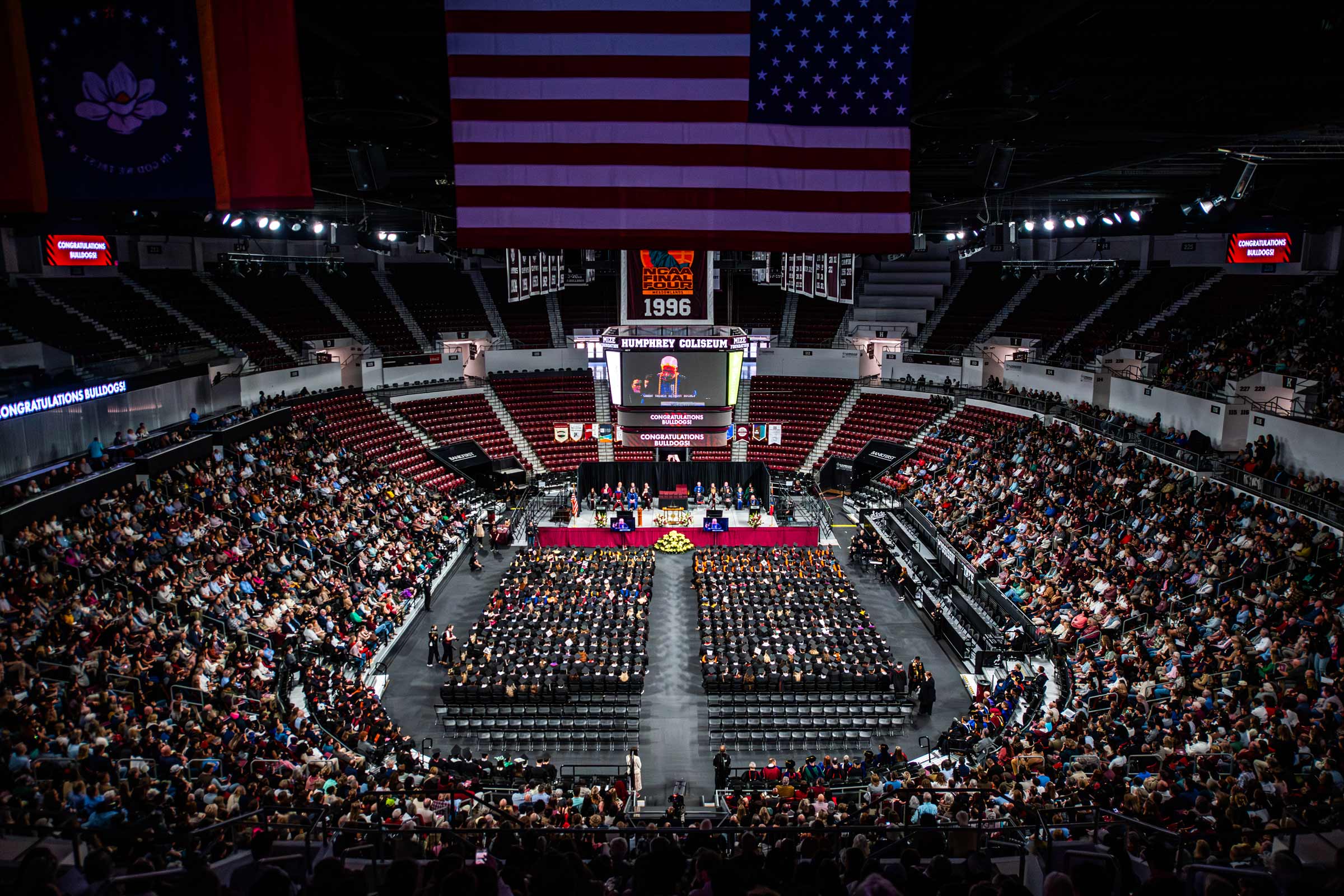 Approximately 1300 Bulldogs are ready to take on the challenges of tomorrow after concluding the latest chapters of their collegiate careers during Friday's fall commencement exercises [Dec 12]. Led by MSU President Mark E. Keenum, the ceremonies filled Humphrey Coliseum while spotlighting graduates in majors housed in MSU’s 10 colleges and the Division of Academic Affairs. Twenty-six degree recipients were also honored as Stephen D. Lee Scholars, an outstanding achievement, for graduating with 4.0 GPAs. Re