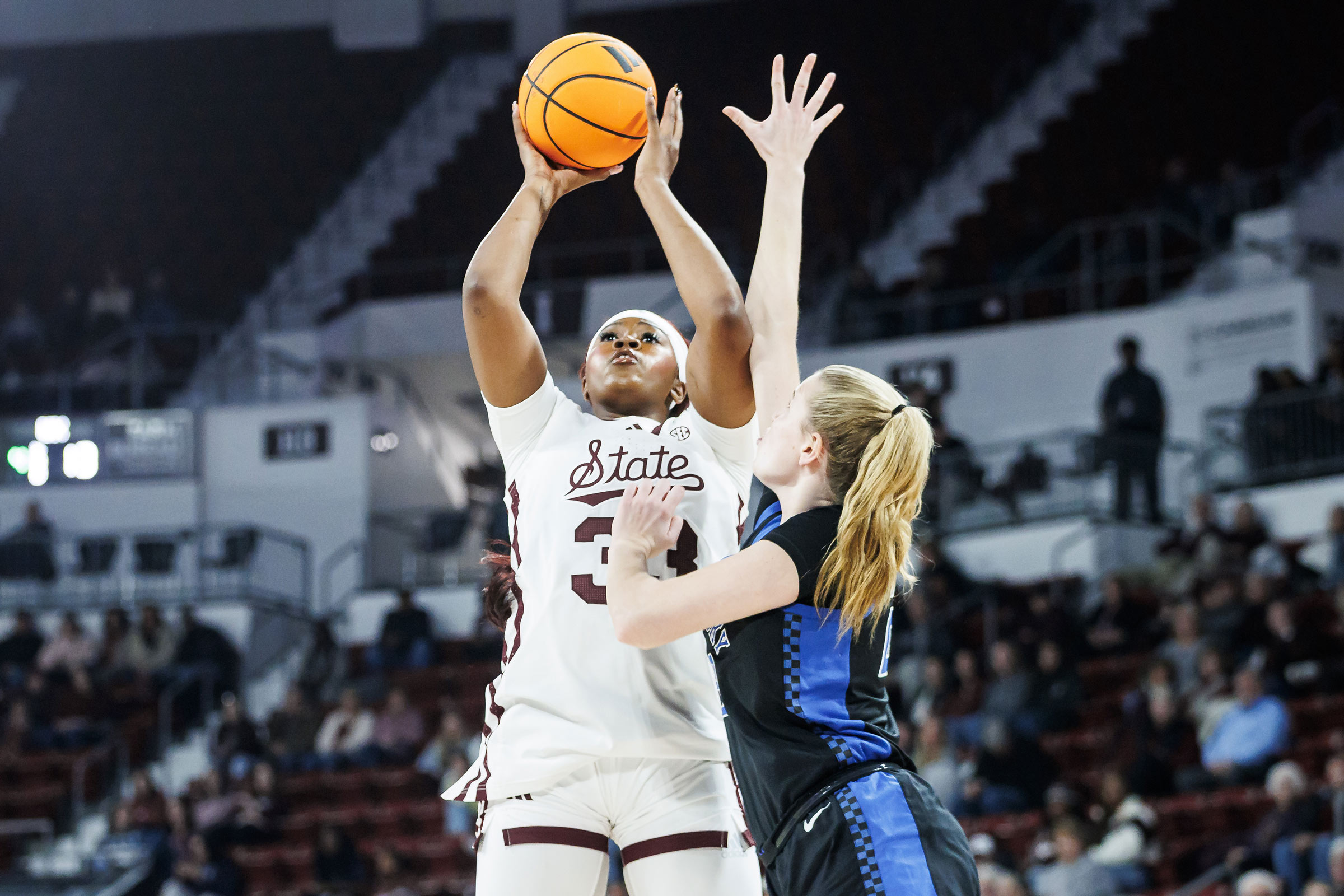 MSU Women’s Basketball senior and leading scorer Kharyssa Richardson goes up for a shot during Sunday’s [Jan. 18] major conference upset over No. 7 Kentucky at home. The victory marked the Bulldogs’ largest win of the 2025–26 season. MSU looks to carry the momentum on the road as the Bulldogs head to Tuscaloosa for another conference showdown against No. 23 Alabama this Sunday [Jan. 25].