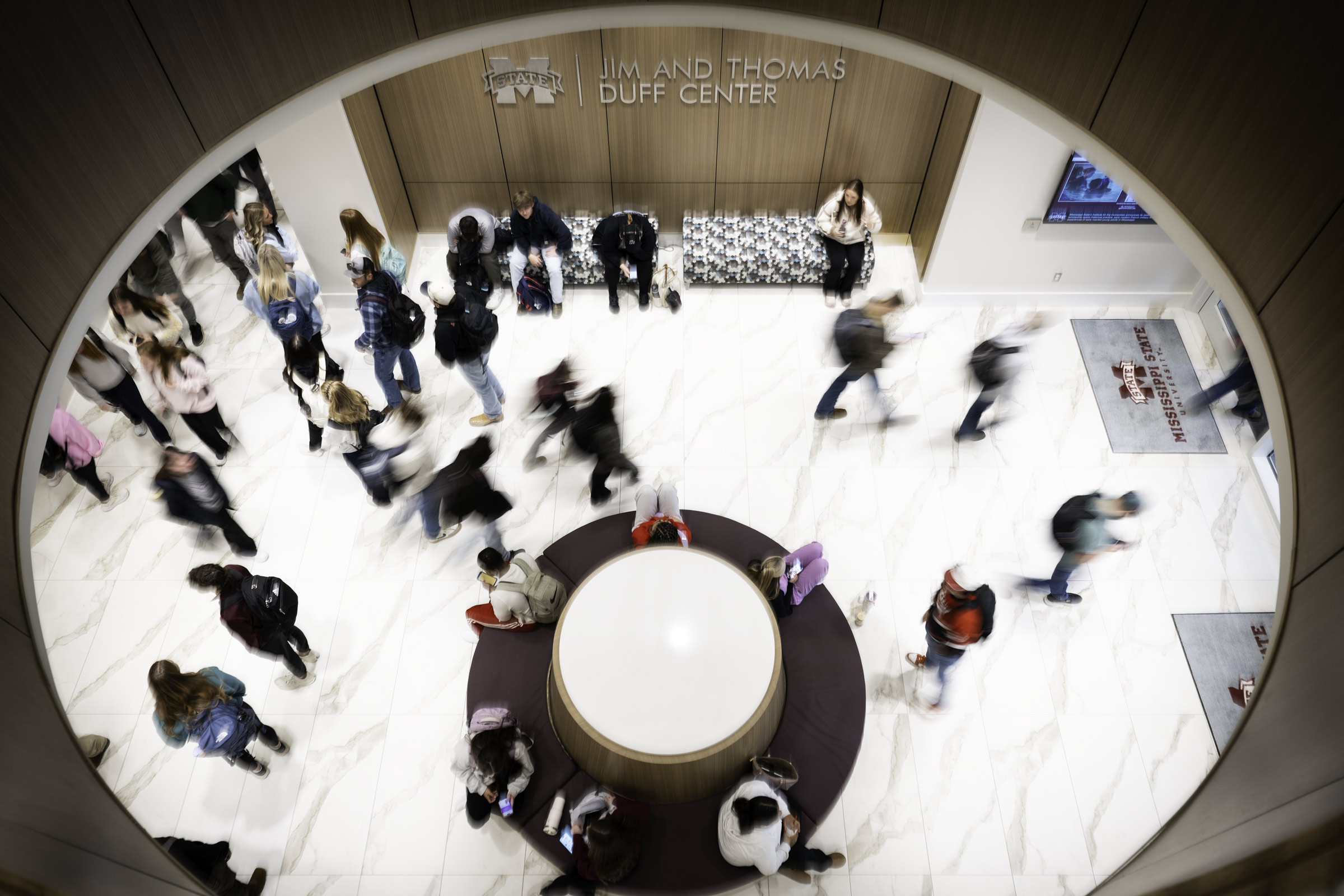Students on the move in the Jim and Thomas Duff Center make their way through the rush of the first day of classes [Jan 14]. Although a chilly and wet start to the spring semester, campus buzzes with life and optimism following the holiday break.