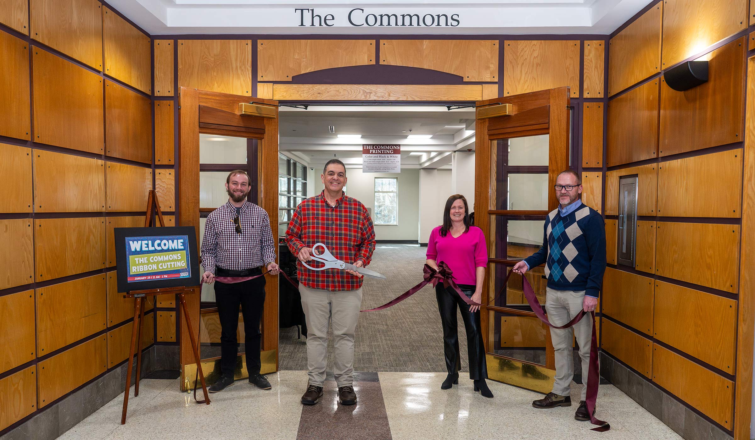 Cutting the ribbon at The Commons in Mitchell Memorial Library are, from left, MSU Libraries Systems Administrator James Mize, Assistant Dean for Technology and Operations Paul Huddleston, Dean of Libraries Lis Pankl and Associate Dean for Research Derek Marshall.