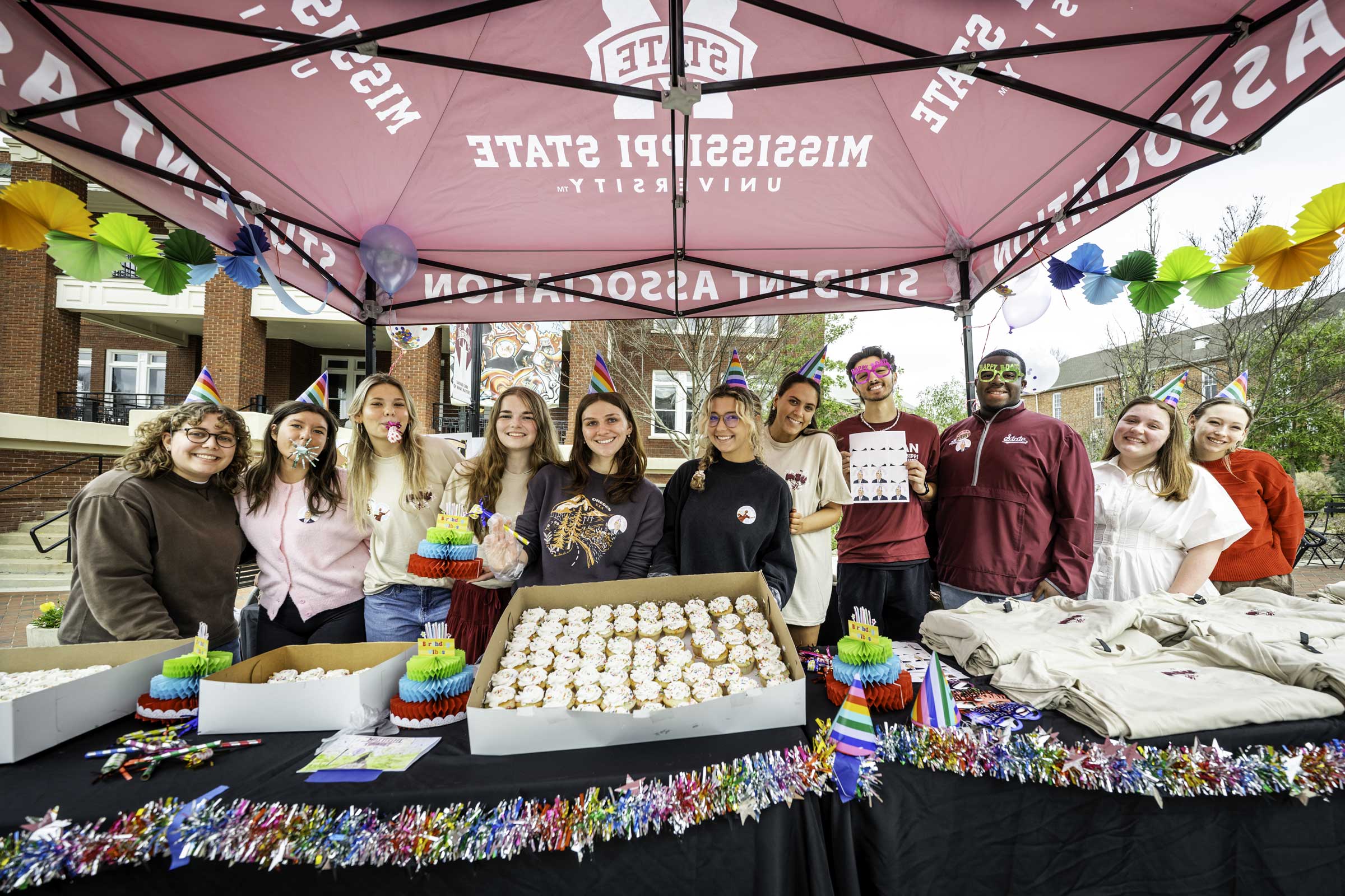 MSU's Student Association invited the campus community to celebrate the university's 148th birthday Thursday morning [Feb 26] with Funfetti cupcakes, free t-shirts, and stickers of beloved MSU icons at YMCA Plaza, kicking off festivities ahead of the university’s official Feb. 28 birthday. With special appearances from MSU President Dr. Mark Keenum and "Bully," the celebrations honor nearly a century and a half of tradition, service, and lasting impact.