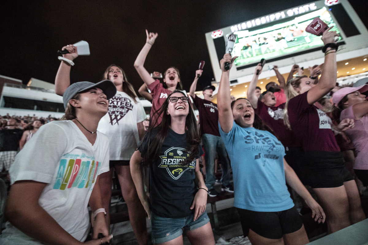 MSU students cheer and ring their cowbells during the annual Cowbell Yell at Davis-Wade Stadium. 
