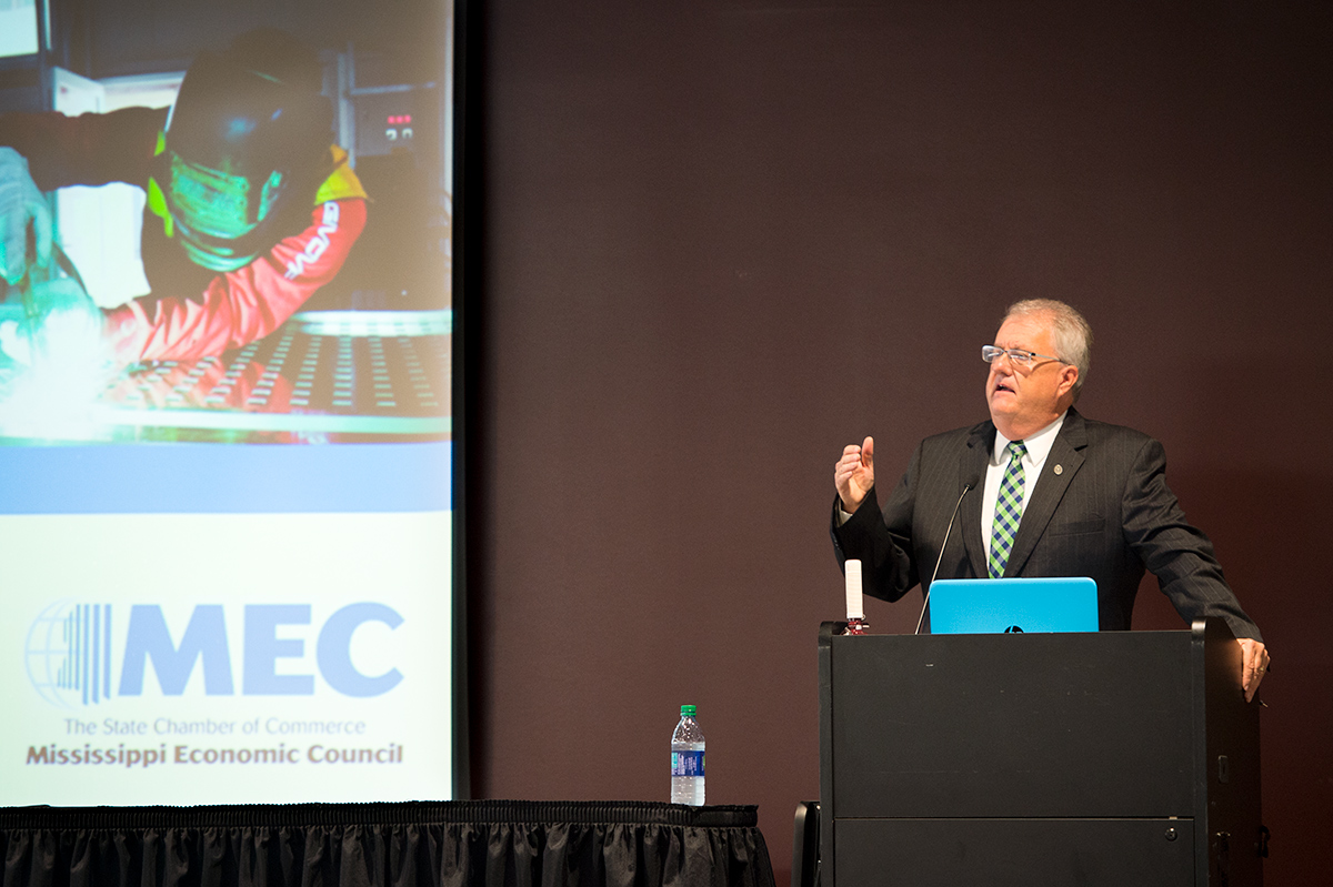 Scott Waller, with the Mississippi Economic Council, speaks at the MAC Conference, held at The Mill.