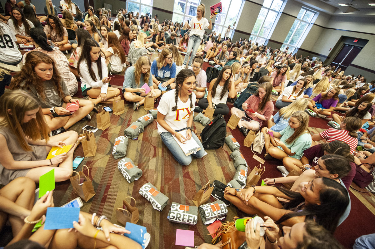 Incoming freshmen participating in the Panhellenic Recruitment process meet with their Gamma Chis 