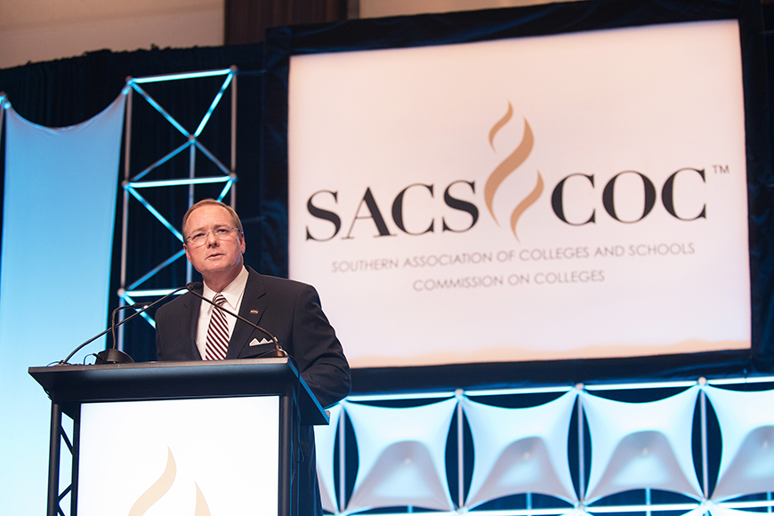 MSU President Mark Keenum speaking at a general session of the Southern Association of Colleges and Schools Commission on Colleges.