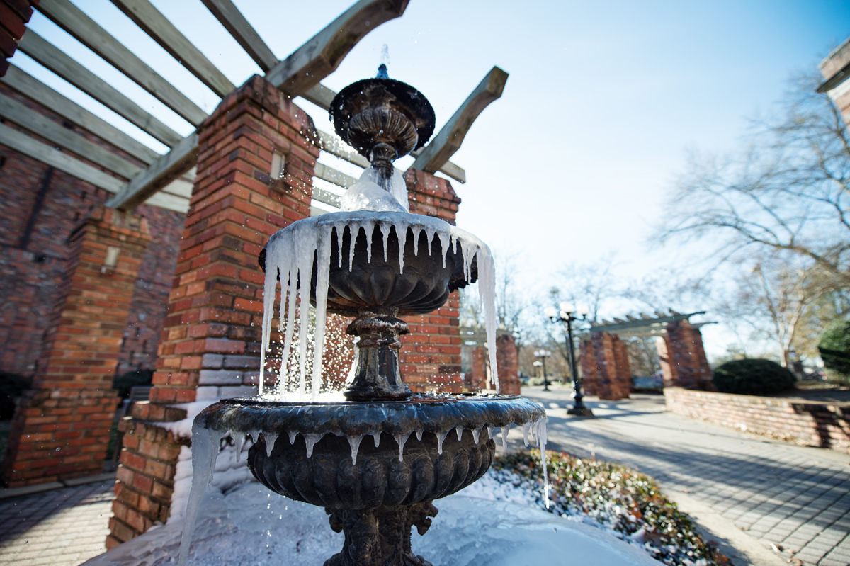 Frozen icicles drip from the fountain next to the Chapel of Memories.