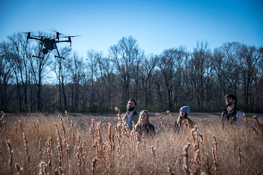 Researchers are pictured in tall grass as a UAV hovers above with the blue sky in the background.