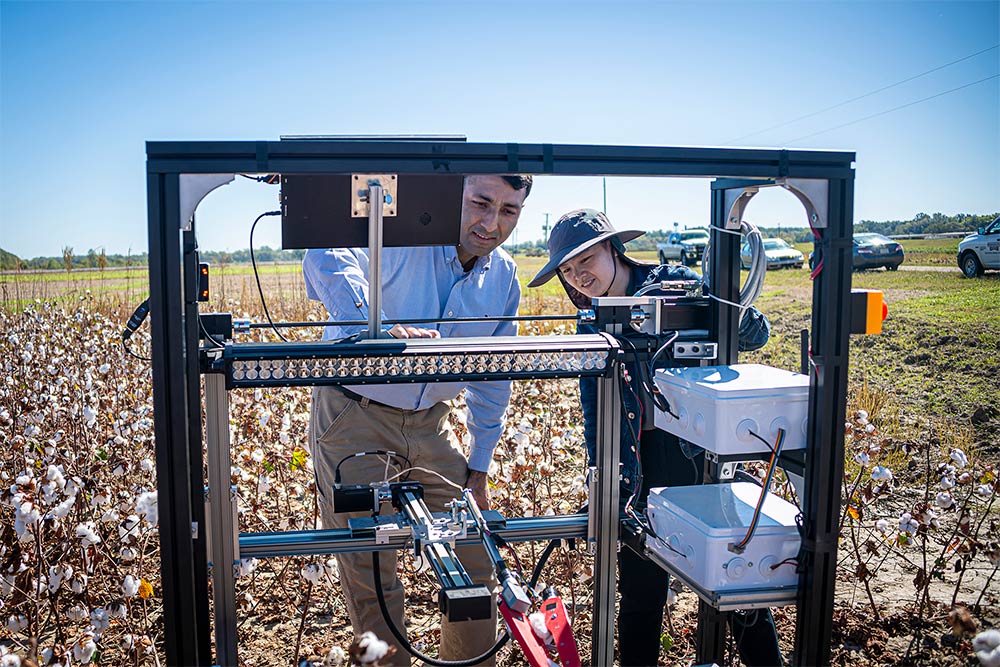 MSU Assistant Professors Hussein Gharakhani and Xin Zhang working with a robotic instrument in a cotton field