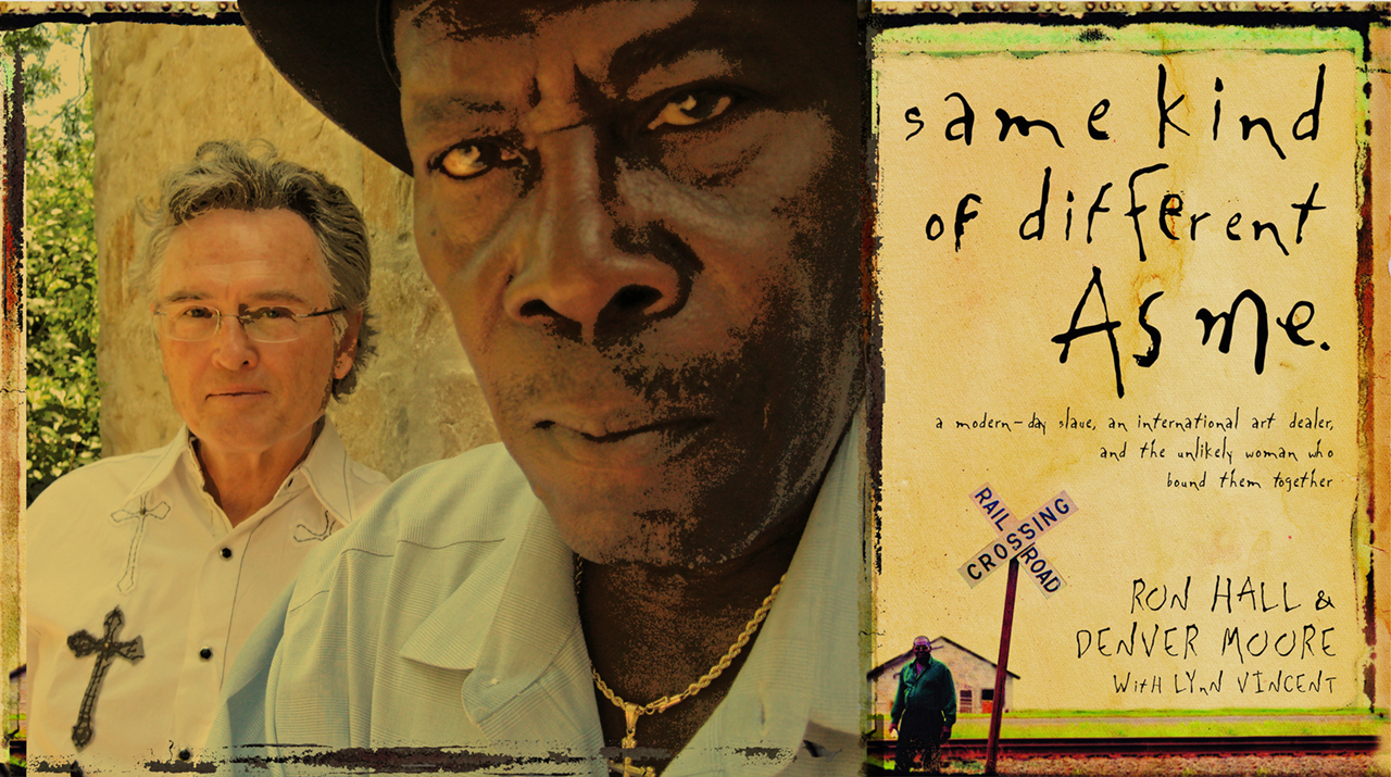 Left: Co-authors Ron Hall and Denver Moore; Right: The cover of "Same Kind of Different as Me: A Modern-Day Slave, an International Art Dealer, and the Unlikely Woman Who Bound Them Together," MSU's 2015 Maroon Edition selection.