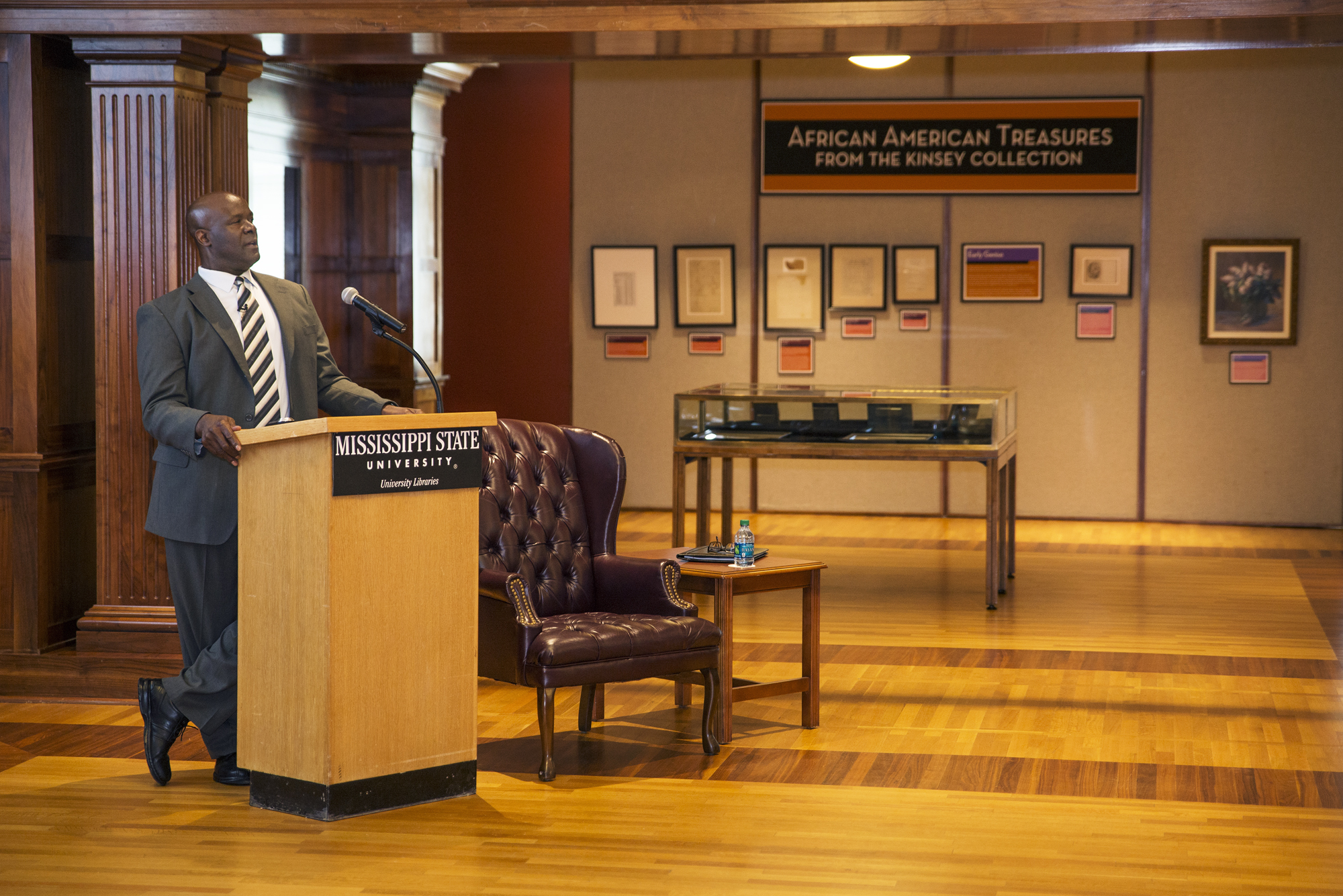 Stephen Middleton, director of MSU's African American Studies program, delivered on April 9 the first of three lectures related to The Kinsey Collection exhibit, now featured in Mitchell Memorial Library. Middleton called the collection "an invitation to engage in dialogue about our common history and our common American nationality."
