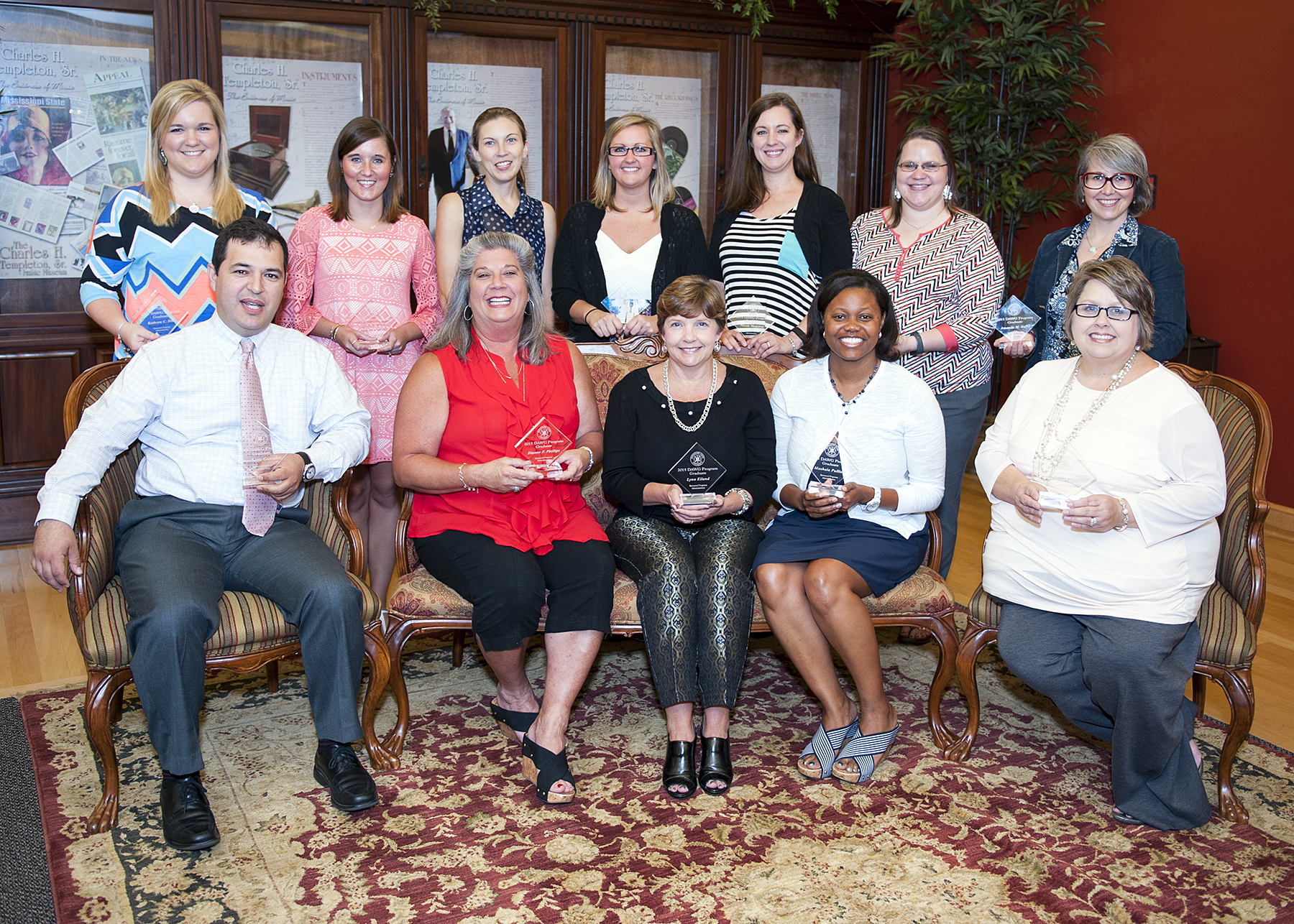 The latest Departmental Administrator Working Group graduates are (seated, l-r) Heriberto Gonzalez Lozano, Dianne Phillips, Lynn Eiland, Mashala Pulliam and Shonda Cumberland; and (standing, l-r) Katie Sisk, Jada McMullen, Kathryn McTaggart, Erin Ray, Nicole Medeiros, Merri Kilpatrick and Amanda Baine. 