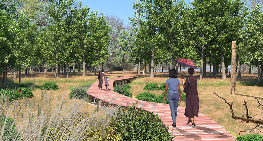 A rendering of people walking over marshy grass toward water with natural scenery. 