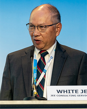 Photo of White Gan Jee speaking at a conference