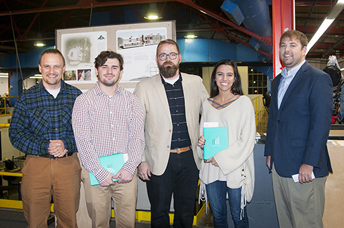 Mississippi State University senior architecture students David N. “Nate” Johnson of Meridian, second from left, and Kelli R. Weiland of Coahoma, second from right, received second place for their forestry and wildlife outreach center master plan and building proposal. Congratulating them are (left) Rubin Shmulsky, head of the MSU College of Forest Resources’ Department of Sustainable Bioproducts; (center) MSU Assistant Professor Jacob A. “Jake” Gines; and (right) Mississippi Forestry Association Executive Vice President J. Tedrick Ratcliff Jr. (Photo by Allison Matthews)