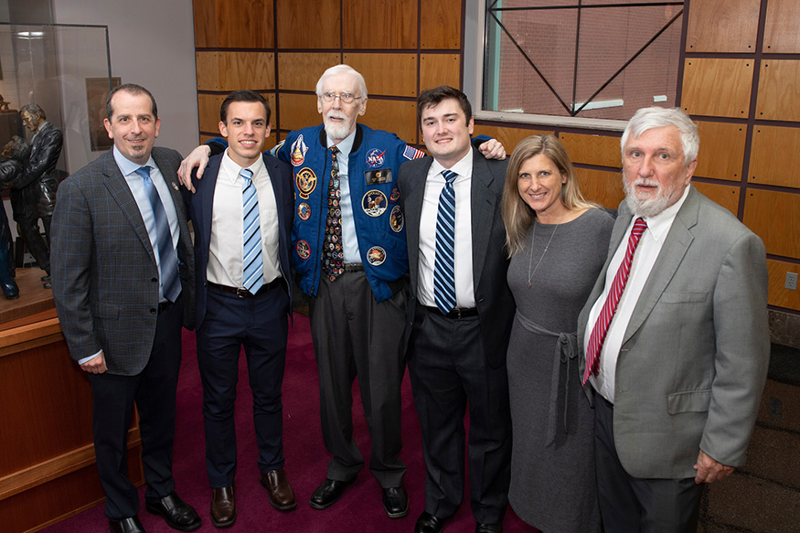 Pictured, from left, are David Hoffman, MSU director of the Office of Prestigious External Scholarships and associate professor in the Department of Anthropology and Middle Eastern Cultures; Reese A. Dunne, MSU mechanical engineering major and ASF Scholar; Jerry Bostick, MSU alumnus and former NASA officer; Britain C. Steele, MSU aerospace engineering major and ASF Scholar; Caroline Schumacher, ASF president and CEO; and Ray Gildea, MSU alumnus and scholarship supporter.