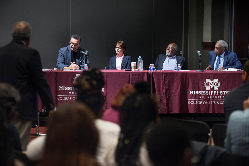 Prominent black studies scholars participated in a “Contemporary Issues in African American Studies” panel discussion Monday [Nov. 6] as part of Mississippi State University’s Black Studies Conference. From left to right, they include Mark Christian, professor and chair of the Department of Africana Studies at Lehman College - City University of New York; Maggie Hagerman, assistant professor in MSU’s Department of Sociology; activist Bernard Stringer, a San Francisco State University graduate who became the first student in the U.S. to earn a black studies degree; and activist Vernon Smith, former journalism and radio-TV-film production student and Black Student Union member at San Francisco State University. (Photo by Megan Bean)