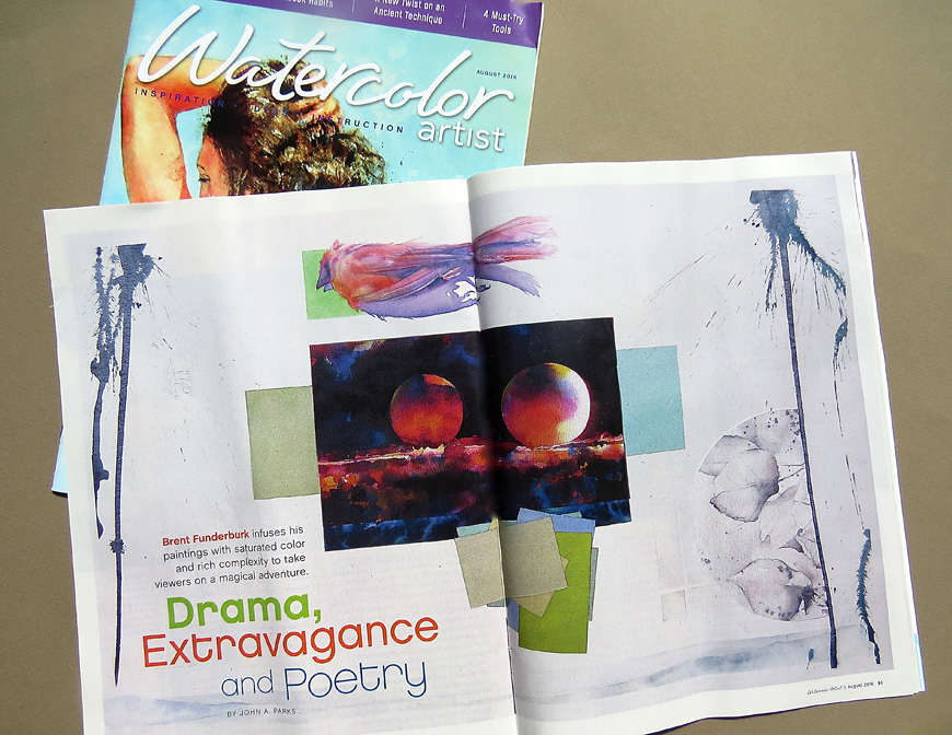 Seven artworks from Professor Brent Funderburk’s “Flying World” and New Solar Myths” watercolor painting series are featured in the August issue of Watercolor Artist magazine. Titled “Drama, Extravagance and Poetry,” an eight-page article written by New York writer, author and artist John A. Parks highlights Funderburk’s creative background and processes used to produce vibrant, award-winning works. (Photo by Brent Funderburk)