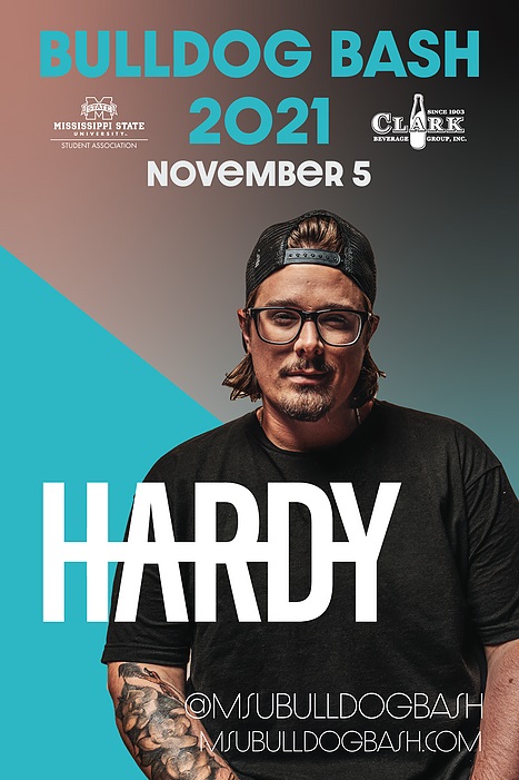 Bulldog Bash poster with image of country music artist Hardy wearing a black cap