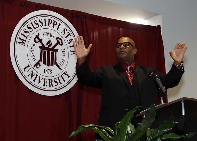 Oktibbeha County Justice Court Judge Larnzy Carpenter Jr. was the keynote speaker at Mississippi State’s 23rd annual Martin Luther King Jr. Day Unity Breakfast at The Mill at MSU Conference Center. Attended by more than 1,000, the event also is part of a day of service in Starkville and Oktibbeha County coordinated by Volunteer Starkville and the MSU Maroon Volunteer Center. (Photo by Leilani Salter)