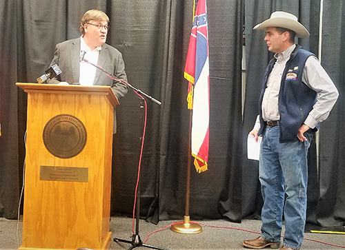 Mississippi State University Extension Service Director Dr. Gary Jackson joined Mississippi Commissioner of Agriculture and Commerce Andy Gipson during opening ceremonies of the 50th Annual Sale of Junior Champions at the Dixie National Livestock Show and Rodeo in Jackson. The event is a collaboration between MDAC, MSU, 4-H, and the Future Farmers of America.