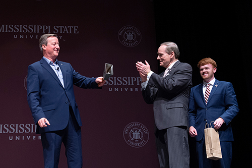 MSU President Mark E. Keenum, along with MSU Student Association President Kennedy Guest, presented former Prime Minister of the U.K. David Cameron with a special gift commemorating his visit to the university and his first trip to Mississippi. 