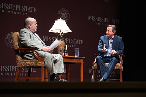 MSU Chief Communications Officer Sid Salter moderated a question-and-answer session with former Prime Minister of the U.K. David Cameron