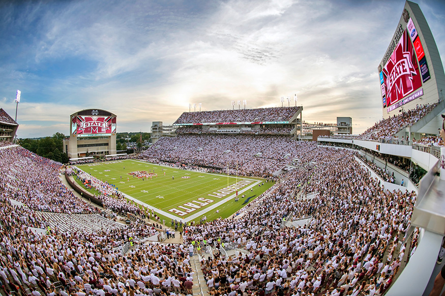 Davis Wade Stadium during a game at dusk