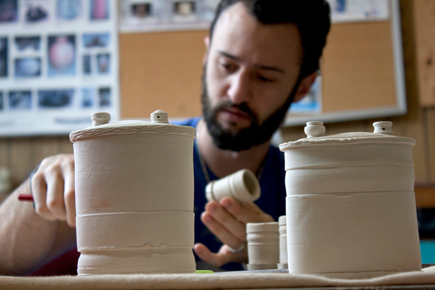 Devin P. Peairs of Brookhaven crafts ceramic pieces for the Mississippi State College of Architecture, Art and Design’s “Epitome” exhibition. Peairs is among nearly a dozen graduating fine art majors whose works are being featured April 21-28 in the McComas Hall Art Gallery and Visual Arts Center Gallery. The VAC gallery is located at 808 University Drive. (Submitted photo by Brittany Bobo)