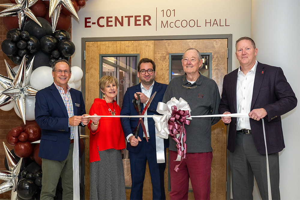 Pictured, left to right, are Outreach Director Jeffrey Rupp, retired Dean Sharon Oswald, E-Center Director Eric Hill, retired businessman and former MSU National Alumnus of the Year Turner Wingo, and College of Business Dean Scott Grawe.