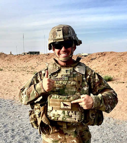 Mississippi Army National Guard Chaplain 1st Lt. Scott Edwards points to a Wild Turkey morale patch he wears to honor the MSU Department of Wildlife, Fisheries, and Aquaculture, where he is an Extension instructor and training coordinator for the Wildlife Services National Training Academy. (Submitted photo)