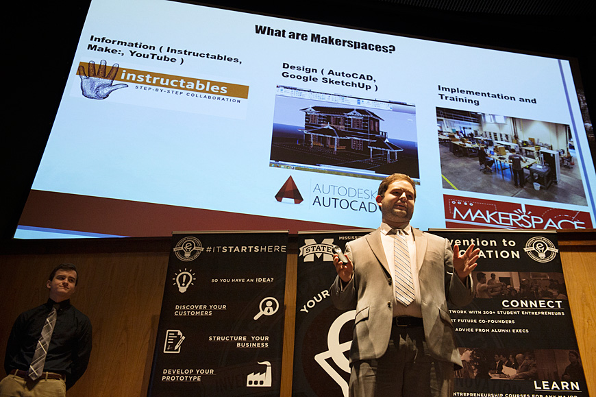 Michael Lane, a junior mechanical engineering major from Amory, presents his start-up MakerSync at the Tellus Operating Group Final Start-up Competition last week in McCool Hall’s Taylor Auditorium. The data software company MakerSync—cofounded by Dillion Carley, a freshman liberal arts major from Brandon; and Nicolas Kleiderer (pictured left), a sophomore computer engineering major from Southaven—is developing software that will help organize data for maker spaces all over the country and won the People’s Choice Award. The competition was the apex of the College of Business E-Week contests highlighting entrepreneurship. (Photo by Megan Bean)