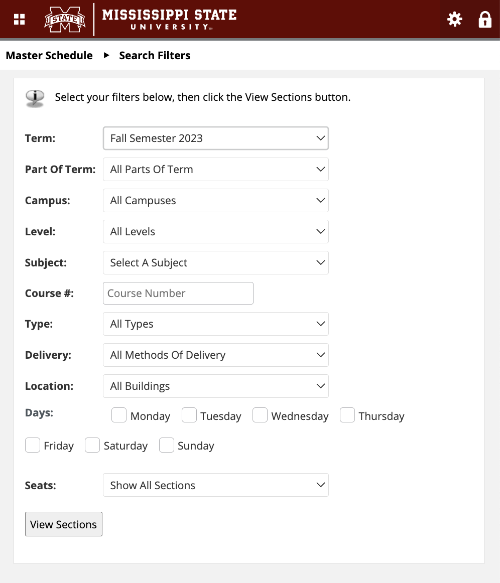 Screenshot example of the search box functions for the master schedule online