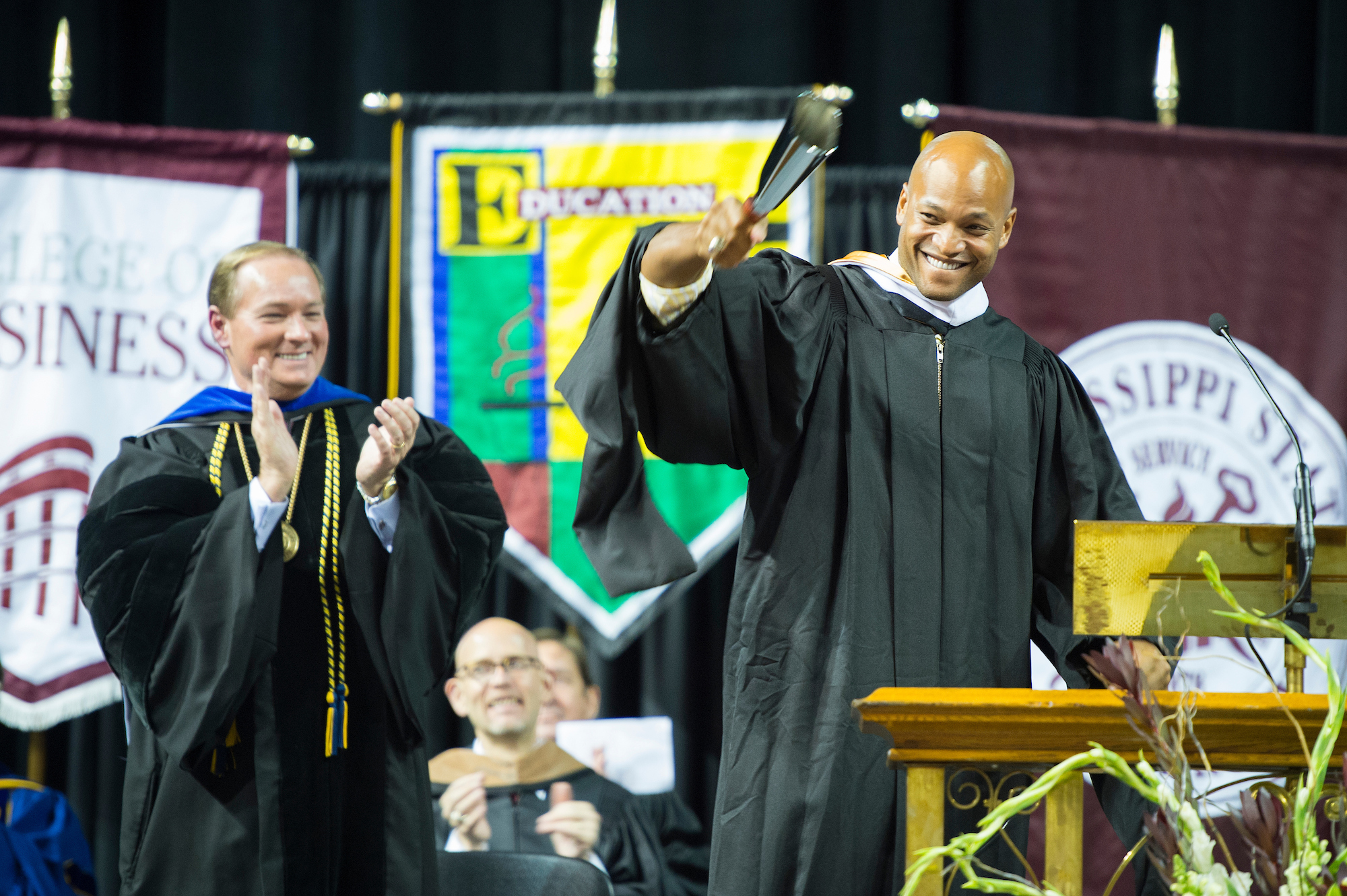 New York Times best-selling author Wes Moore delivers the keynote address Thursday [Aug. 17] at Mississippi State’s fourth annual Fall Convocation at Humphrey Coliseum. During his evening presentation, Moore inspired new freshmen and transfer students to make the most of their higher education by helping others. (Photo by Russ Houston)